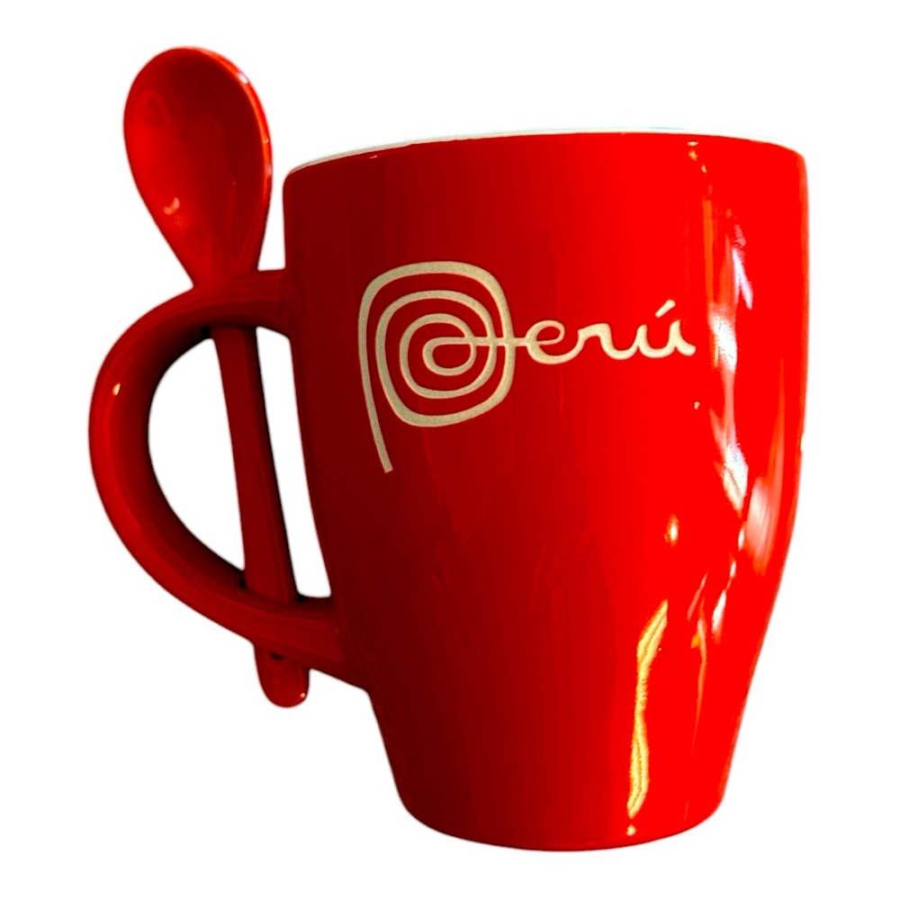 Peru Machu Picchu coffee cup with spoon. Red. Gift for Peruvian Coffee lovers